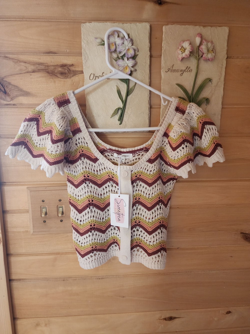 Blu Pepper Cream Crochet Chevron Crop Top with Multi-Color Stripes
